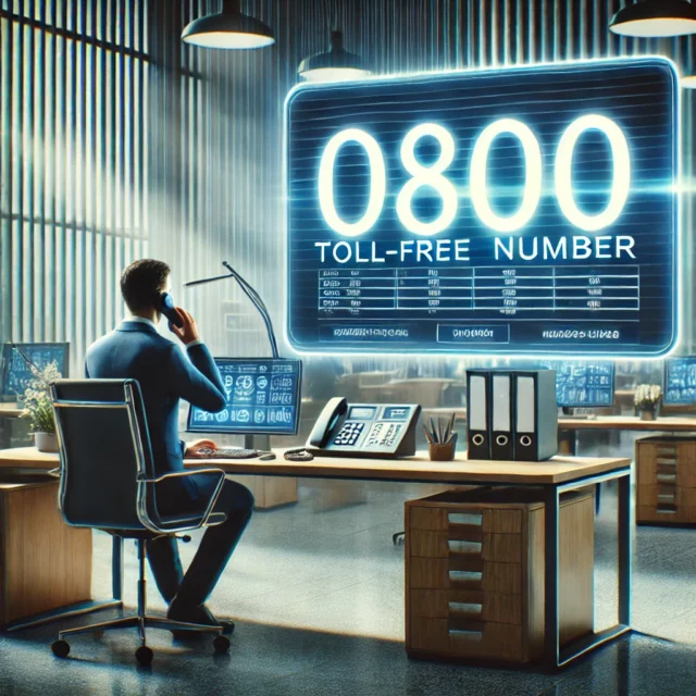 DALL·E 2025-01-25 18.42.44 - An image illustrating the concept of a 0800 toll-free number. The scene shows a modern office setting with a business representative answering a phone